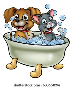 Cartoon Cat And Dog Pets Washing In The Bath With Bubbles