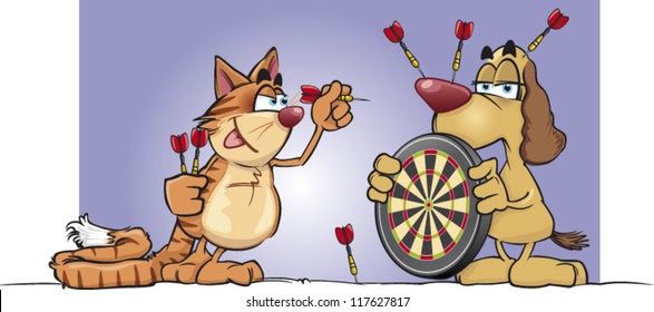 Cartoon cat and dog play darts