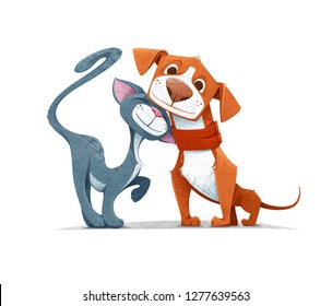 Cartoon Cat and Dog Playing Together Like Two Best Friends - Vector Illustration.