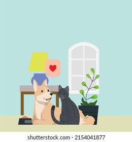 Cartoon Cat and Dog Playing Together Like Two Best Friends - Vector Illustration. Cat and Dog characters. Best friend forever, vector illustration.