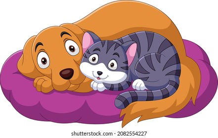 Cartoon cat and dog relaxing on pillow