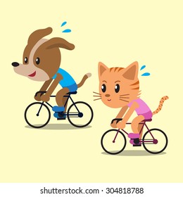 Cartoon a cat and a dog ride bikes