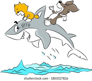Cartoon cat and dog riding a shark enjoying summer vacation vector illustration