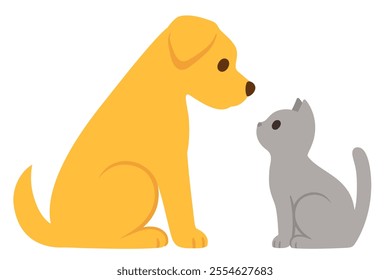 Cartoon cat and dog sitting facing each other, simple flat icon. Golden labrador and gray kitty. Cute vector clip art illustration.