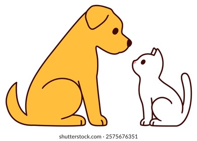 Cartoon cat and dog sitting facing each other, simple drawing. Golden labrador and white kitty. Cute vector clip art illustration.