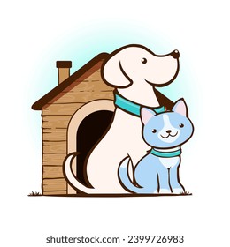 El gato y el perro de caricatura sentados frente a la casa del perro, logotipo simple para el tema de las mascotas, adopción, rescate, ilustración vectorial