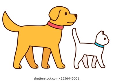 Cartoon cat and dog walking together, simple drawing. Golden labrador and white kitty. Cute vector clip art illustration.