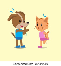 Cartoon a cat and a dog warm up