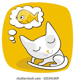 Cartoon of a cat dreaming of fish