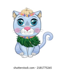 Cartoon cat dressed as a hula dancer under the ukulele, Hawaii. Summer, vacation. Cute child character, symbol of 2023 new chinese year