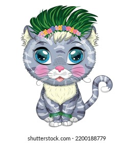 Cartoon cat dressed as a hula dancer under the ukulele, Hawaii. Summer, vacation. Cute child character, symbol of 2023 new chinese year