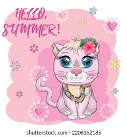 Cartoon cat dressed as a hula dancer under the ukulele, Hawaii. Summer, vacation. Cute child character, symbol of 2023 new chinese year