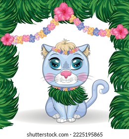 Cartoon cat dressed as a hula dancer under the ukulele, Hawaii. Summer, vacation. Cute child character, symbol of 2023 new chinese year