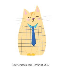 Un gato de caricatura vestido con una chaqueta y una corbata se para con los ojos cerrados.