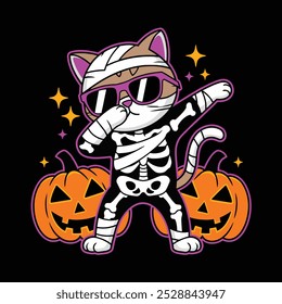 A cartoon cat dressed as a skeleton dabbing between two pumpkins for Halloween.