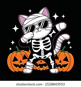 A cartoon cat dressed as a skeleton dabbing between two pumpkins for Halloween.