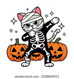 A cartoon cat dressed as a skeleton for Halloween, surrounded by jack-o'-lanterns.