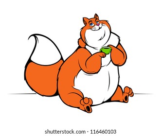 cartoon cat drink tea or coffee. vector illustration