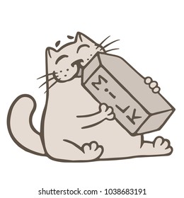 Cartoon cat drinks a box of milk. Food and drink from the supermarket. Funny cartoon character. Vector illustration.