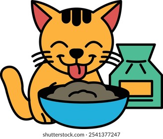 A cartoon cat is eating from a bowl of food. The cat is smiling and licking its tongue. The bowl is blue and the food is in a bag