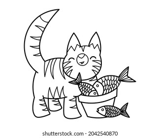 cartoon cat eating fish for coloring book