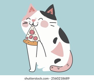 Cartoon Cat Eating Pizza with a Happy Smile for a Fun and Casual Food Theme Illustration. Vector illustration