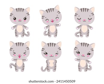 Cartoon cat emoji kawaii style. Fun kitten character set various emotions. Cute kitty adorable cat children vector. Kawaii animal facial expressions - calm, happy, laughing, smiling, waving, winking.