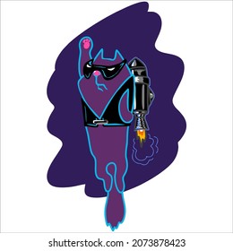 Un gato de dibujos animados con una mochila energética detrás de sus espaldas vuela en el cielo oscuro. Luces y colores de neón.