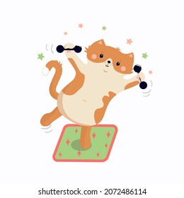 Cartoon cat is engaged in gymnastics with dumbbells. A sporty ginger kitten performs exercises at home on a rug. Vector illustration on isolated background.