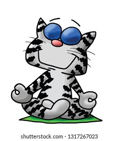 Cartoon cat with eyeglasses sitting in a lotus position doing yoga vector illustration