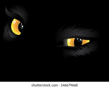 Cartoon cat eyes of yellow color on black background.