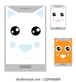 Cartoon cat face in smartphone, vector illustration.