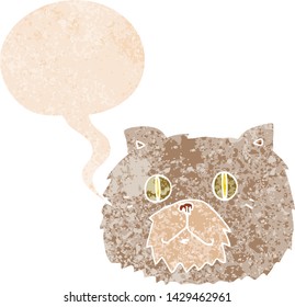 cartoon cat face with speech bubble in grunge distressed retro textured style