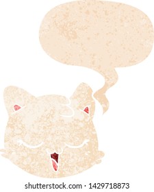 cartoon cat face with speech bubble in grunge distressed retro textured style