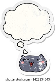 cartoon cat face with thought bubble as a distressed worn sticker