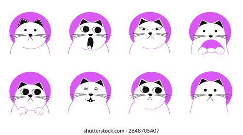 Cartoon cat faces in purple hoodie showing emotions and expressions, isolated comic animal heads, Vector Illustration

