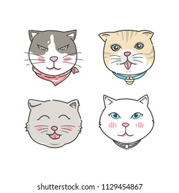 Cartoon cat faces set. Hand drawn style