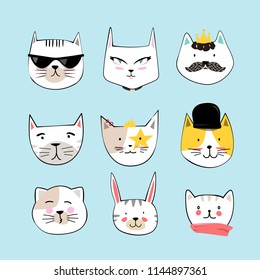 Cartoon cat faces set. Hand drawn style