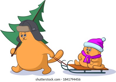 Cartoon Cat Father with a Christmas Tree and Child on Sledge. Vector