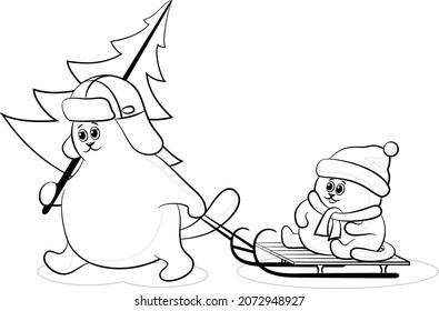 Cartoon Cat Father with a Christmas Tree and Child on Sledge, Black Contours Isolated on White Background. Vector
