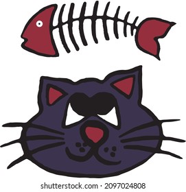 Cartoon - cat and fish bone in vector graphic