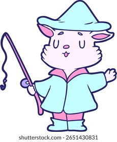 desenho animado gato pescador na cor neon brilhante