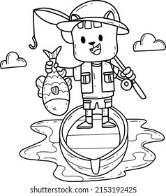 cartoon cat fisherman coloring book. Isolated on white background. 