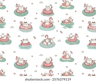 Cartoon cat with Flamingo. Pattern. Cute Sticker. Summer time. Vector.