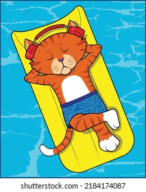 Un gato de dibujos animados flota en una piscina.