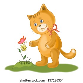 Cartoon cat, flower and butterfly, isolated on white background. Eps10, contains transparencies. Vector