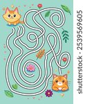 A cartoon cat and a flower maze game for kids