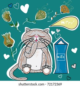 cartoon cat with flower and milk