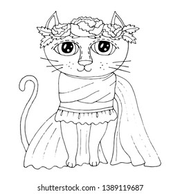 Cartoon cat with flower on the head for coloring book or pages. Sweet cat with flower.