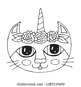 Cartoon cat with flower on the head for coloring book or pages. Sweet cat with flower.